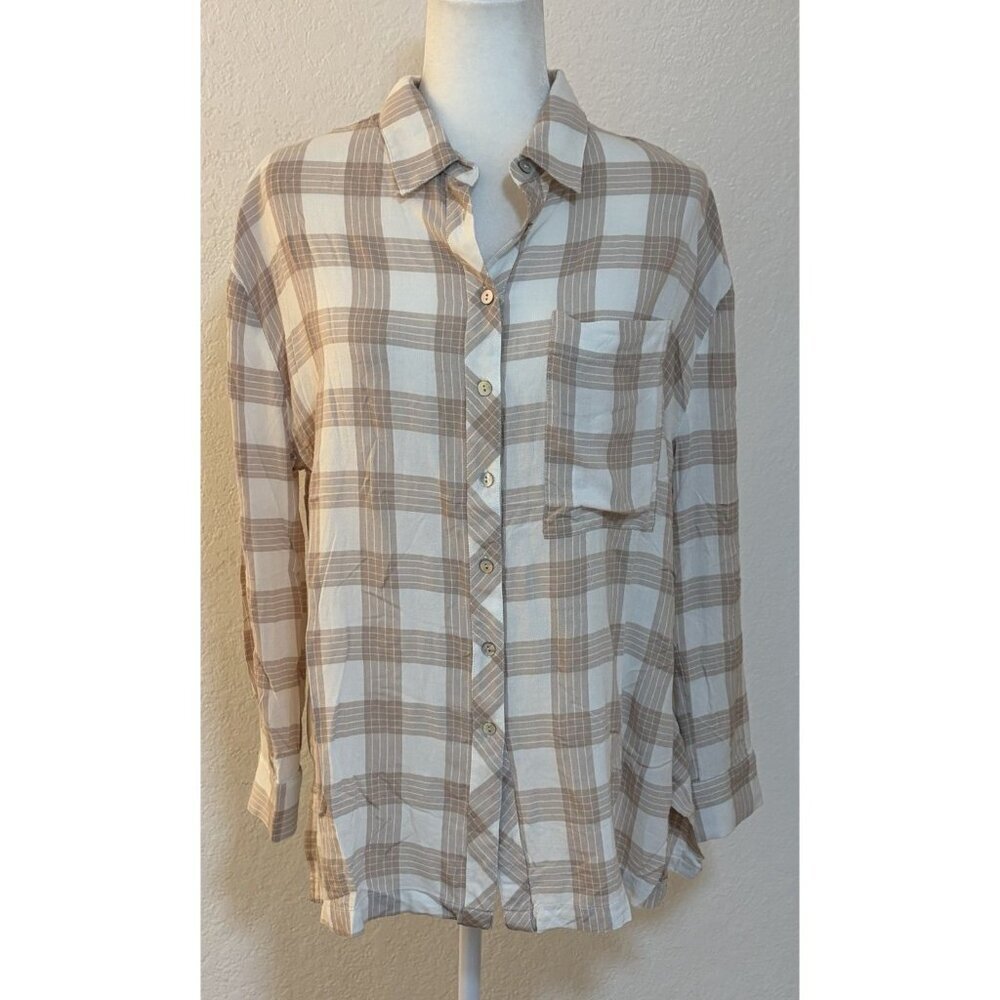 Pol Oversized Size Small Long Sleeve Tan And Cream Button Down Women’s Shirt